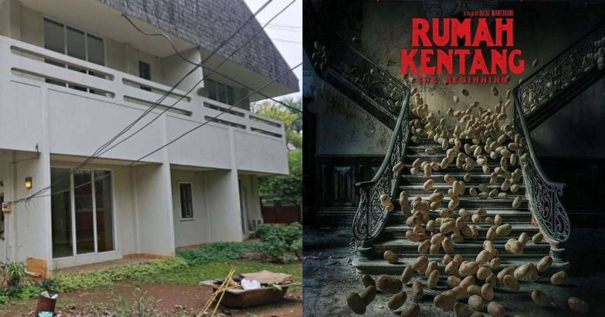 Left: The infamous Rumah Kentang (Potato House) in Dharmawanga. Left: The poster for 2019’s “Rumah Kentang: The Beginning”  