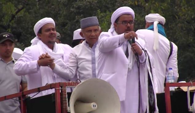 Islamic Defenders Front leaders at a protest in Jakarta on October 14, 2016. Screengrab: Youtube