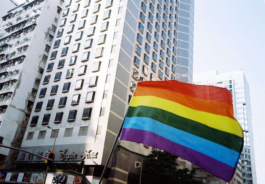 A rainbow flag is flown at a gay pride event in Hong Kong in 2015. Photo via Flickr.