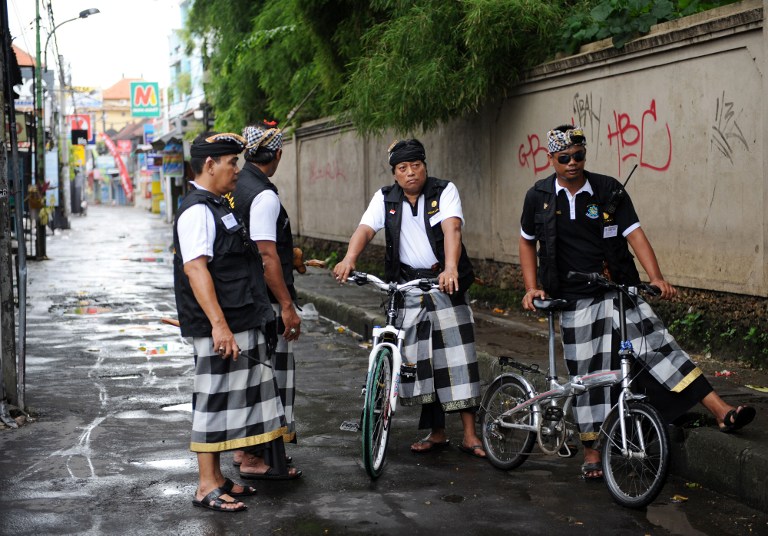 Pecalang patrol the Bali streets during Nyepi. Photo: Sonny Tumbelaka/AFP