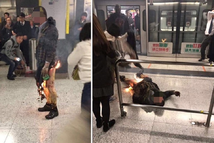 A man suspected of throwing a firebomb onto a packed MTR train stands on the platform with his trousers alight. Other passengers were later seen beating the flames from his legs. Photos: supplied