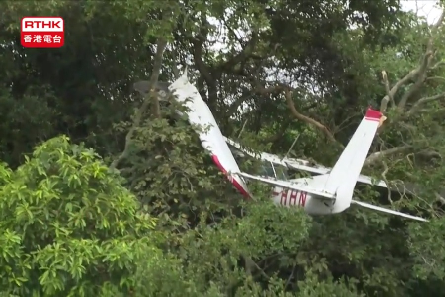 The plane crashed into a copse of trees at the Garden Farm Golf Course. Screenshot: RTHK via Facebook