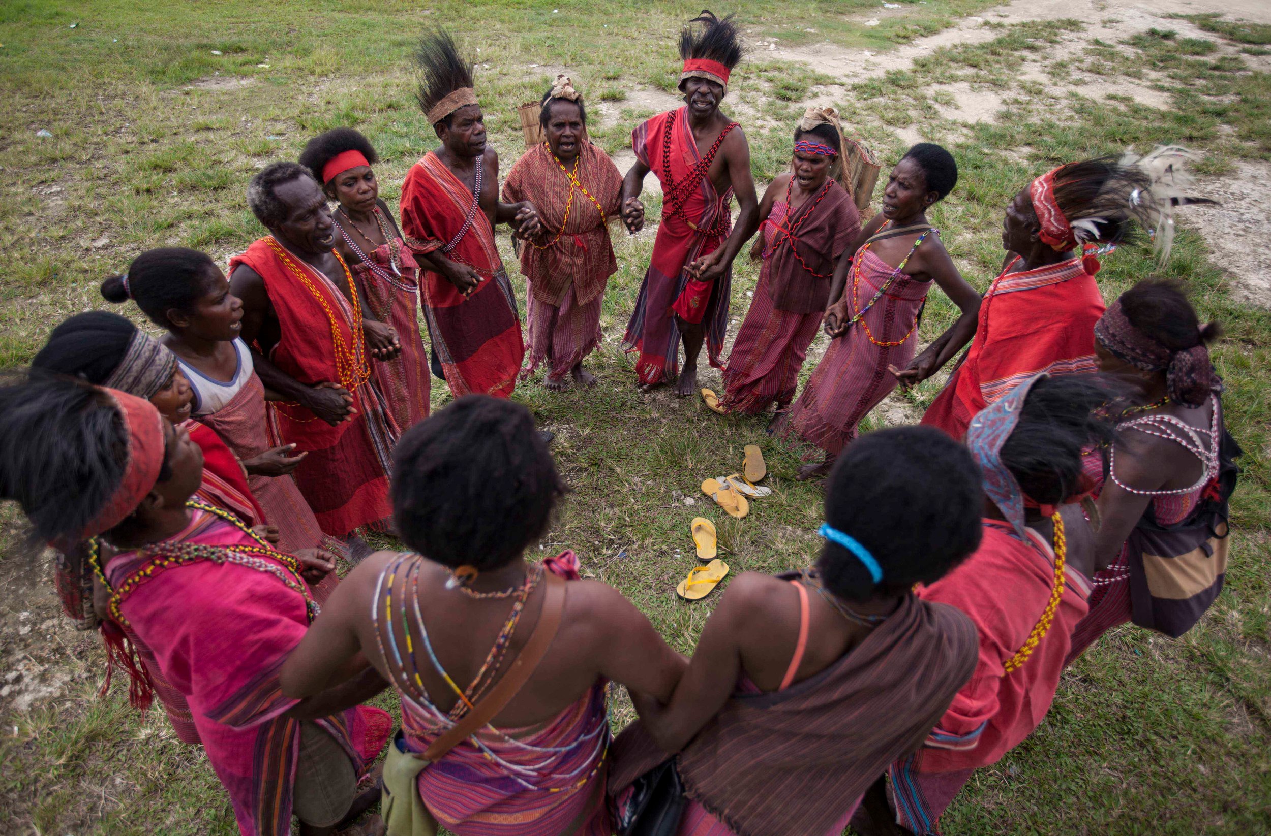 Papuanese from the Tehit tribe dance during the traditional ceremony in Teminabuan, South Sorong, West Papua. Two villages in South Sorong, Mangroholo and Sira, officially received a permit from the government to manage social forestry in their area. Photo: Greenpeace
