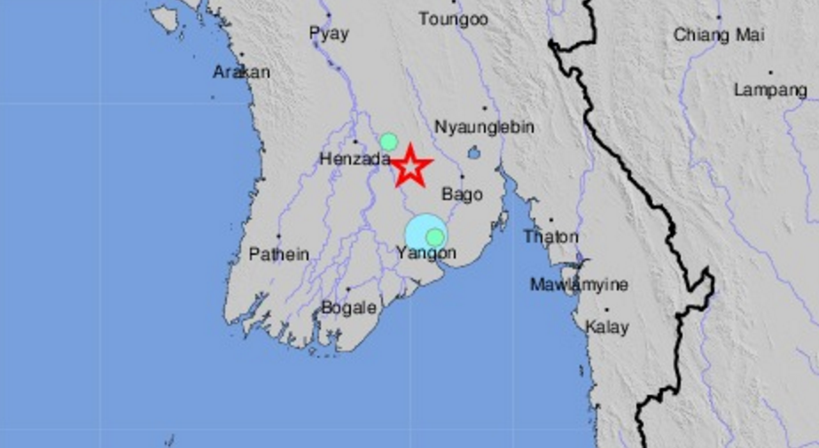 Monday night’s earthquake struck neat Taikkyi Township in northern Yangon Region. Image: USGS