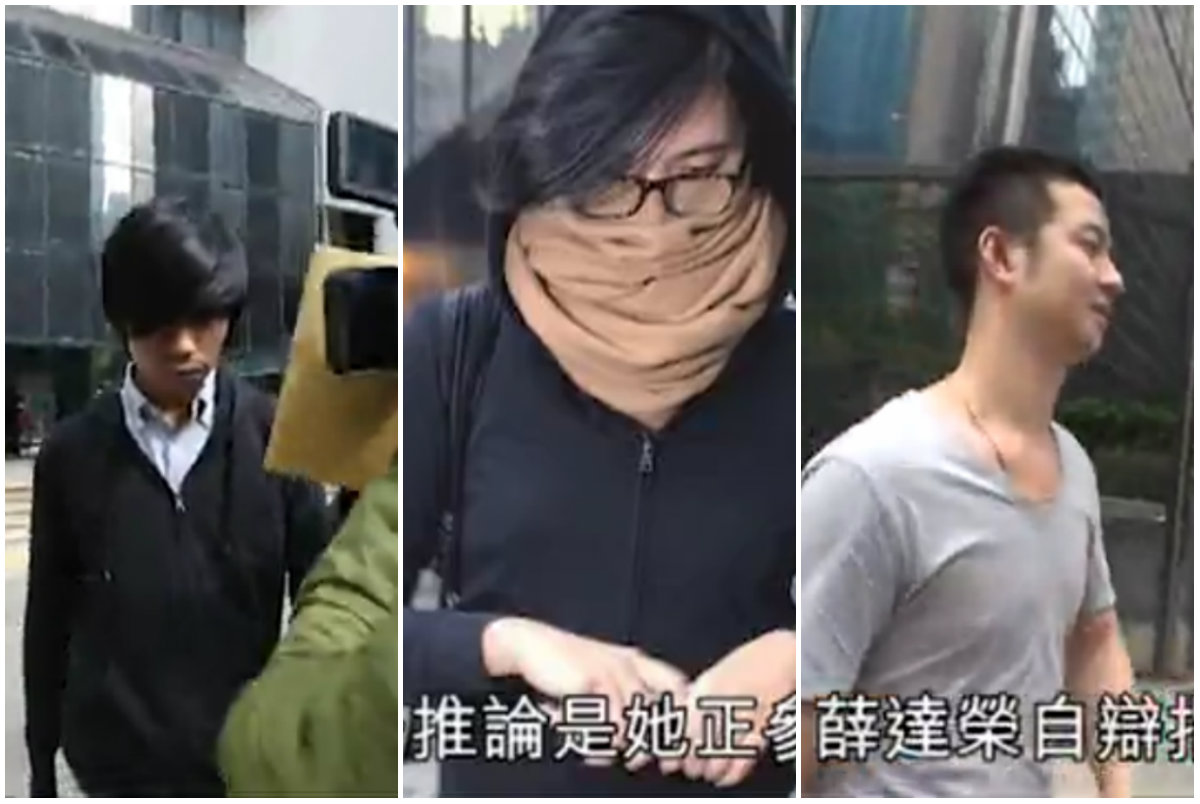 Defendants Mak (L), Hui (C) and Sit (R) leaving District Court yesterday. Screenshots: Apple Daily