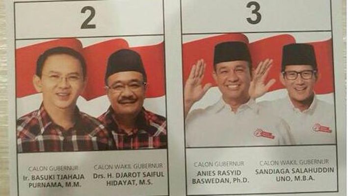 Photo of the ballot paper for Jakarta’s runoff gubernatorial election has circulated online, in which vice governor candidate Djarot Saiful Hidayat is pictured wearing the traditional peci. Photo: Twitter via Detik