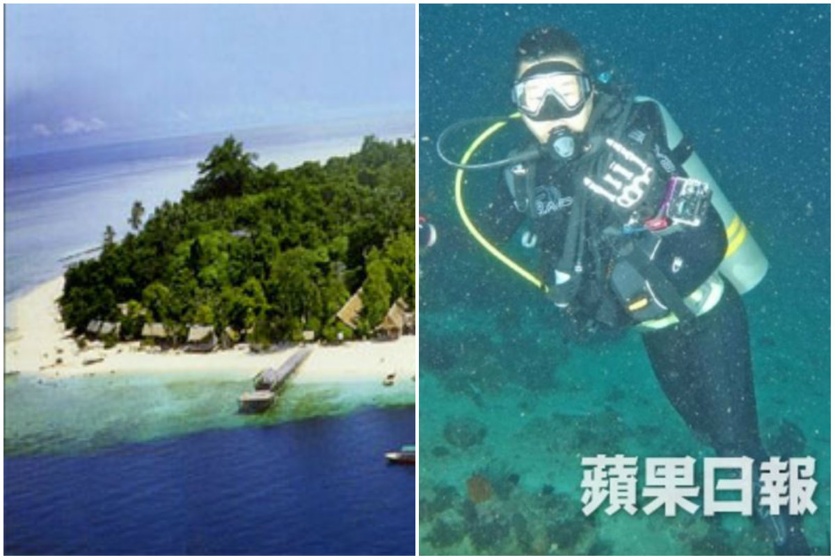Sipadan Island, Malaysian Borneo (L) and Ng Chi-ming on a previous dive (R) Photos: Oscar K via Wikipedia, Apple Daily screenshot