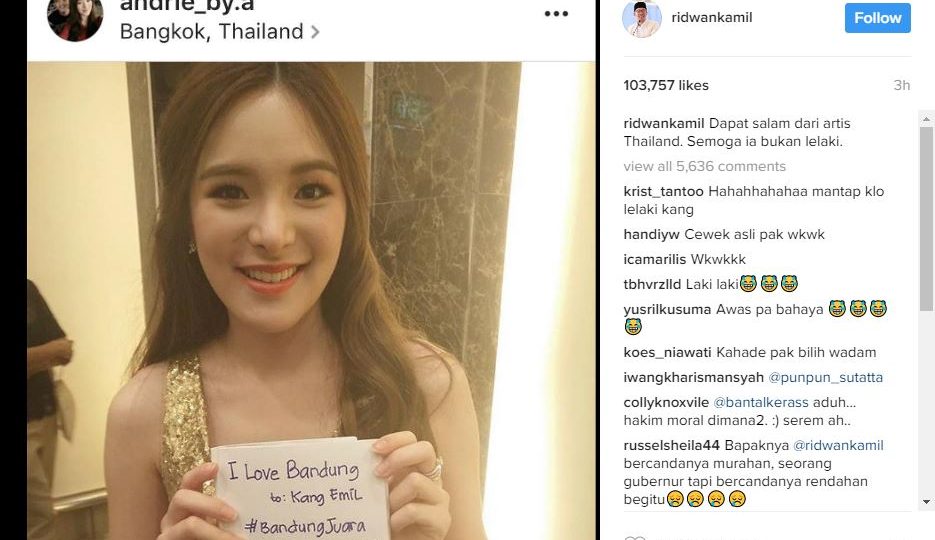 “Got this greeting from a Thai celebrity. Hope she’s not a man.” Screenshot: @ridwankamil / Instagram