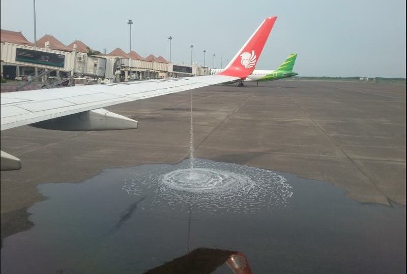 Fuel seen leaking from a Lion Air plane in Surabaya, Indonesia on April 2, 2017. Photo: Twitter / @flightmoods