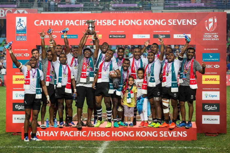 Fiji celebrate winning the Cup Final against South Africa on the third and final day of the Hong Kong Rugby Sevens Tournament on April 9, 2017. PhotoL Isaac Lawrence