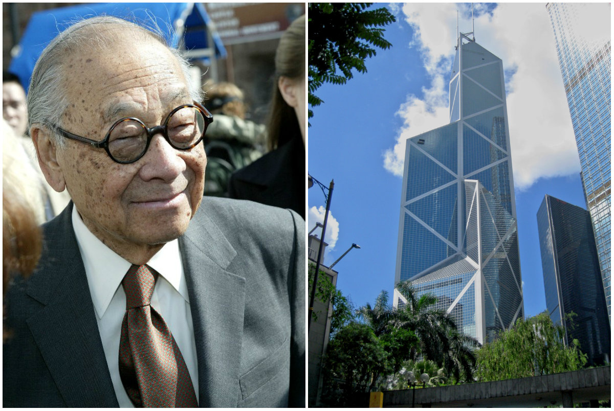 I. M. Pei viewing a project at Ellis Island, New York in 2004 and the Bank of China Tower, one of his most famous works, in the Central district of Hong Kong. Photo: Paul Hawthorne/AFP and WiNG via Wikimedia Commons