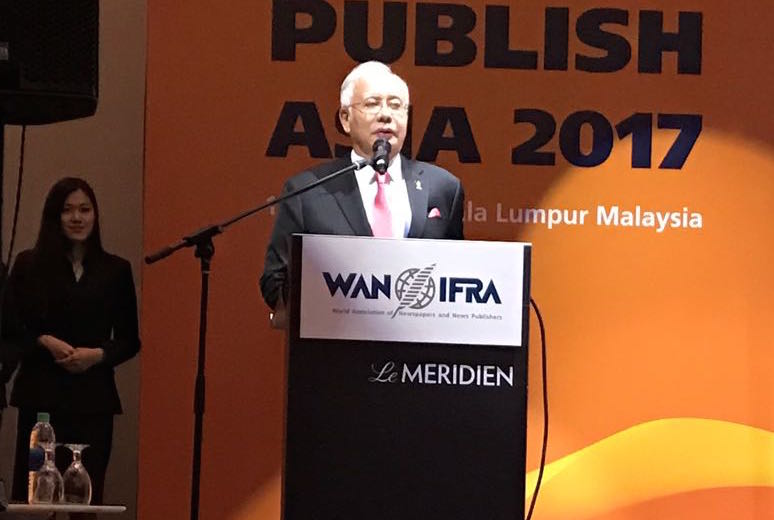 Malaysian Prime Minister Najib Razak speaks to a gathering of media figures at the Publish Asia conference in Kuala Lumpur on Wednesday. COCONUTS