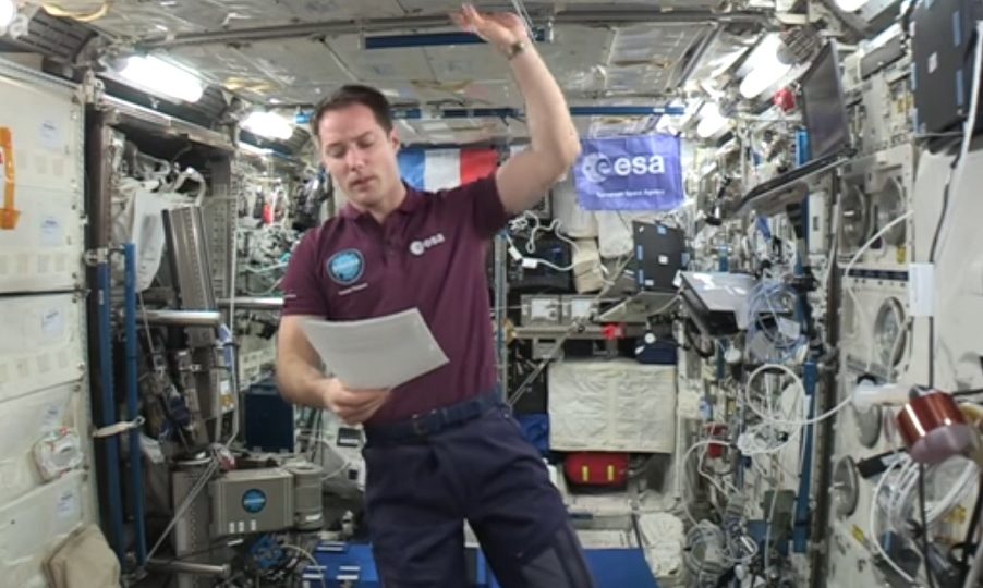 Astronaut Thomas Pesquet reading Drouffe’s entry from the International Space Station. Screenshot: European Space Agency via Youtube