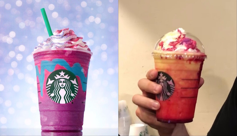 (Left, photo by Starbucks) Starbucks Unicorn Frappuccino; (right, screengrab from video) Starbucks Singapore’s local version, the Merlion Frappuccino.