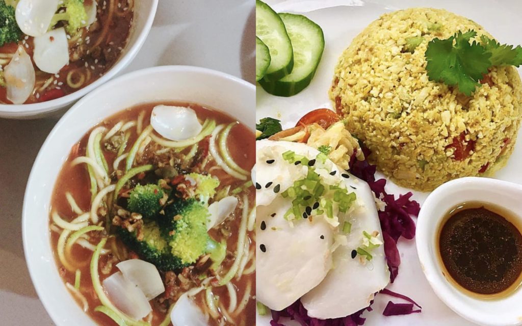 Zucchini noodles with 41°c Chinese medicinal tonic (left), and cauliflower rice with sand ginger, cashew and herbs. with young coconut meat with home-made Chinese sauce. Photos via Instagram/Greenwoods.