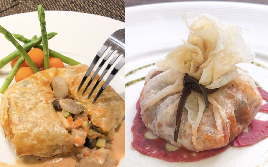 Baked puff pastry with mushroom served by asparagus and zucchini (left) and steamed ratatouilles wrapped in pan cake on pesto (right). Photos via Facebook/LockCha.