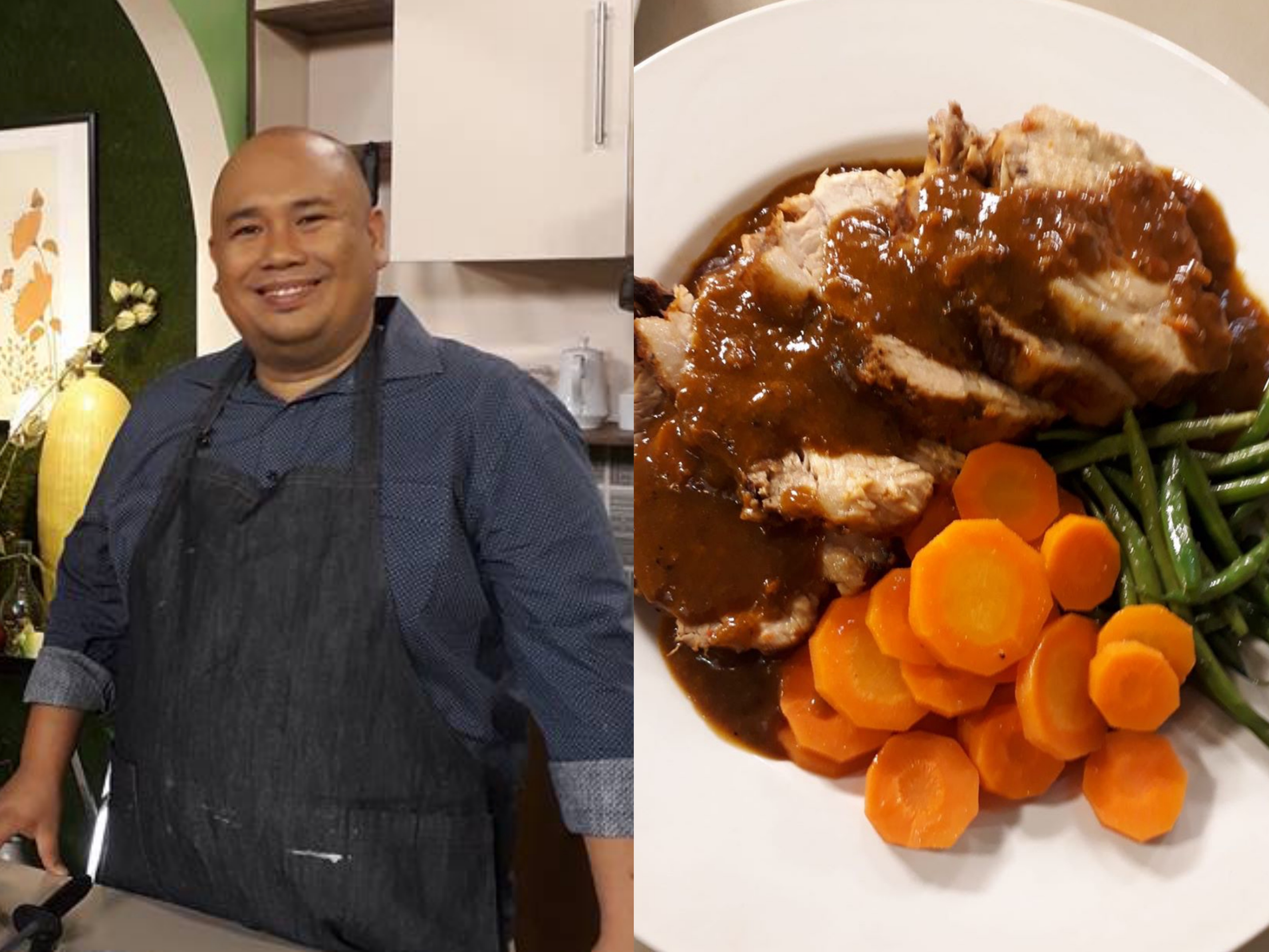 Chef Myke ‘Tatung’ Sarthou at the UKG set and his delectable Pot Roast. PHOTOS: Facebook/Myke Tatung Sarthou
