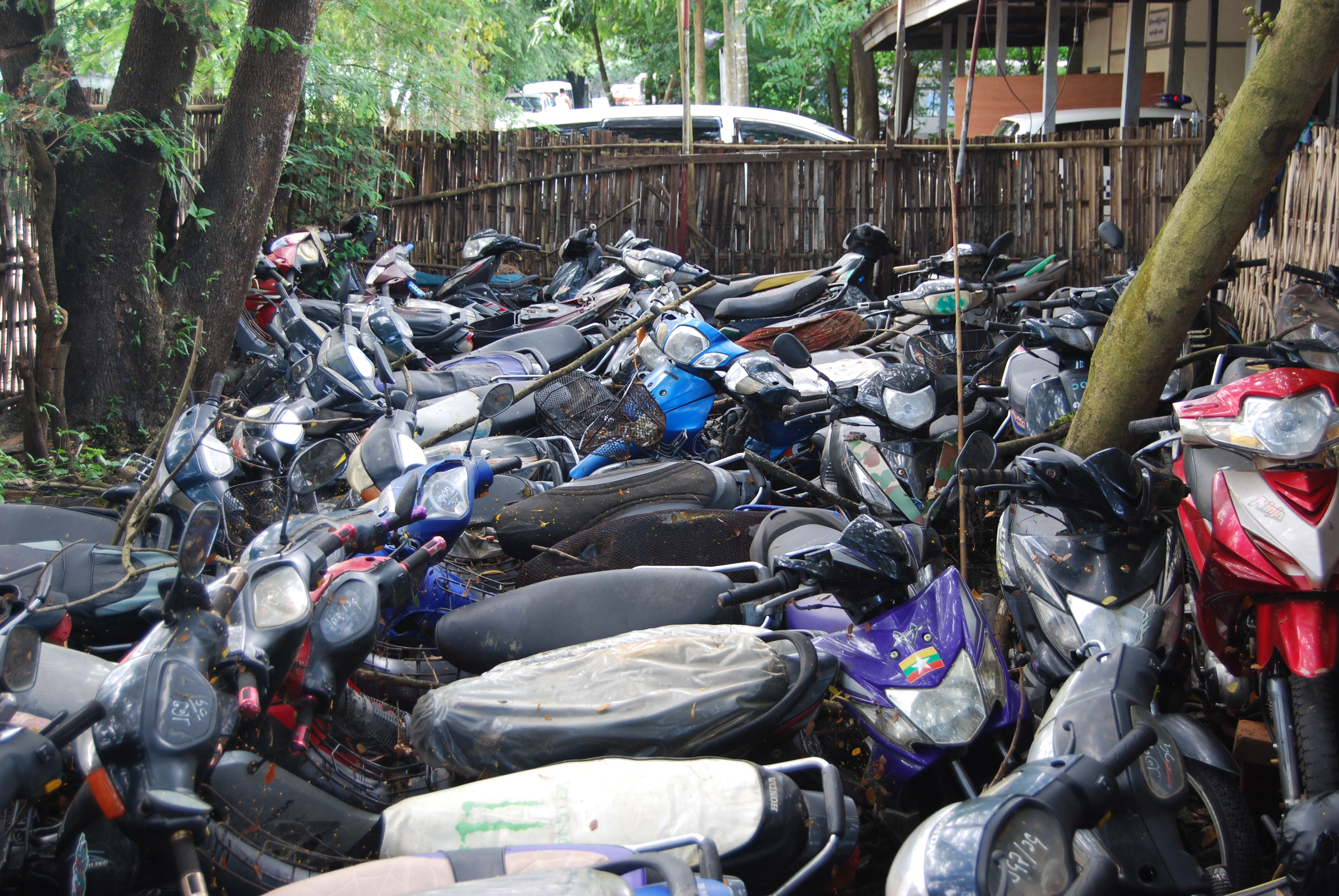 Confiscated motorbikes in North Okkalapa Township, Yangon. Photo: Jacob Goldberg 