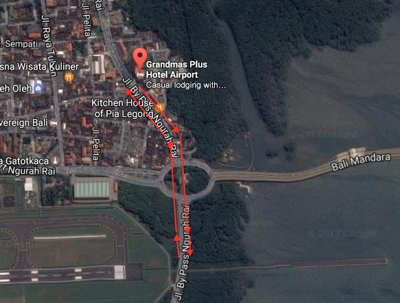 A rough mock-up of plans for how the Underpass Simpang Tugu Ngurah Rai will be laid out. Satellite image from Google Maps with modification from Coconuts Bali. 