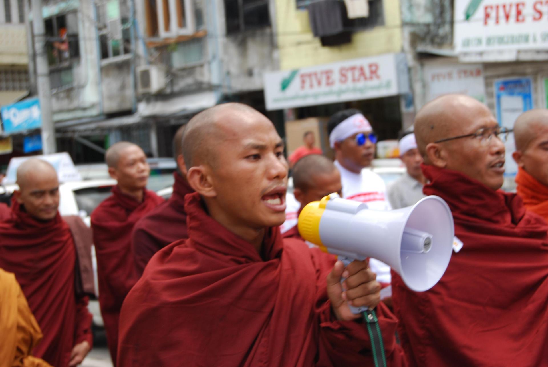 Buddhist monks participate in an anti-Rohingya protest in 2015. Photo: Jacob Goldberg