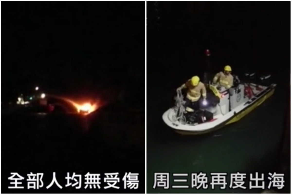 The fire (L) and firefighters arriving on the scene (R). Screenshots: Oriental Daily