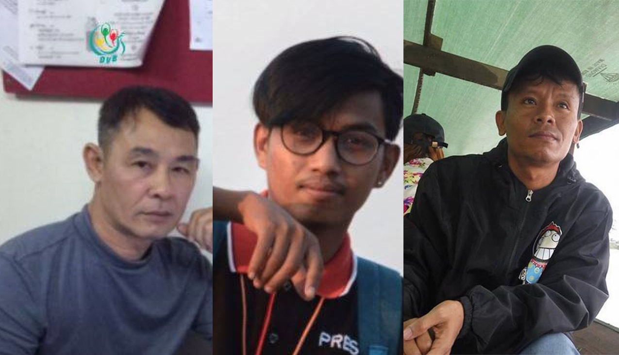 (L-R) Aye Nai, Pyae Phone Aung, and Lawi Weng were arrested on June 26 and are being prosecuted under the Unlawful Associations Act.