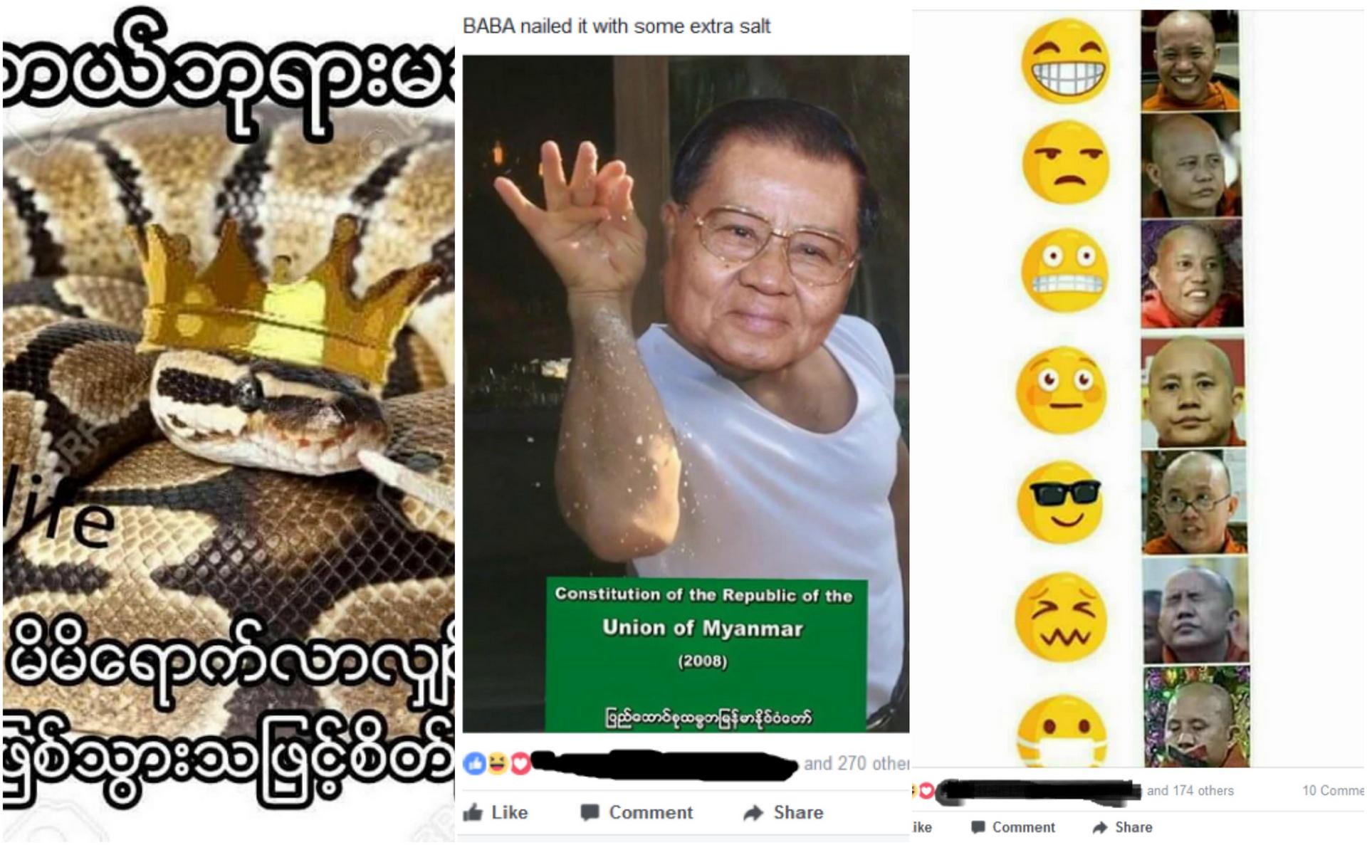 Popular memes making fun of religious and political beliefs in Myanmar. 