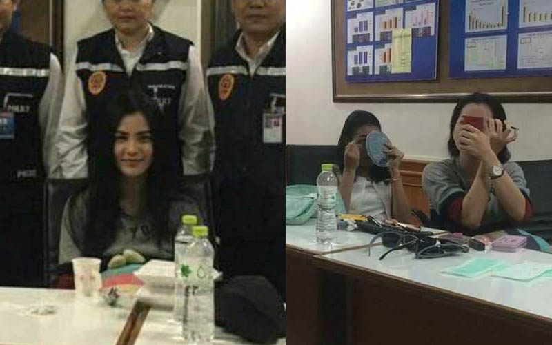 LEFT: Suspect Preeyanuch Nonwangchai smiled at the press conference. RIGHT: Two suspects applied makeup before the press conference started yesterday. 