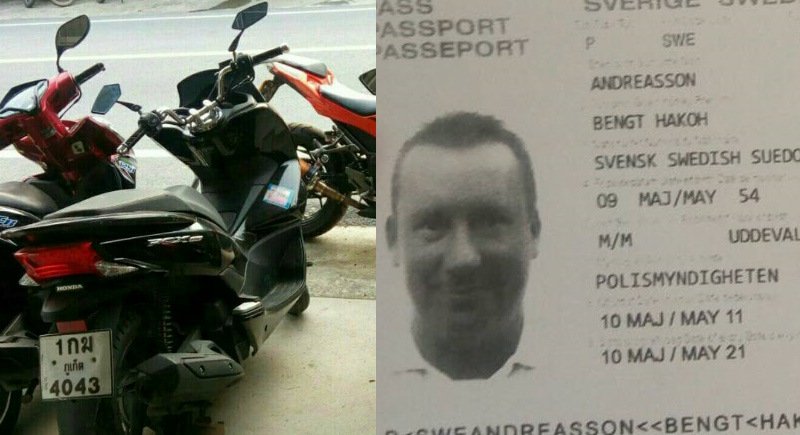 The stolen motorbike, left, and the fake passport used at the rental shop, right. Photo: The Phuket News