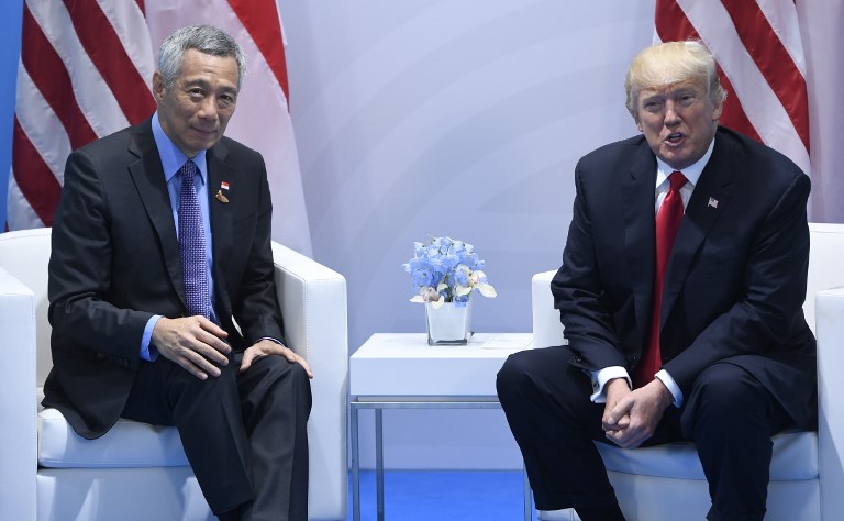 US President Donald Trump and Singapore’s Prime Minister Lee Hsien Loong hold a meeting on the sidelines of the G20 Summit in Hamburg, Germany. Photo: Saul Loeb / AFP