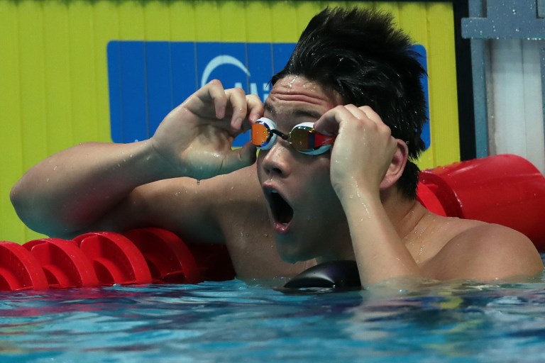 Joseph Schooling reacts after competing in a men’s 50m butterfly sem-final during the swimming competition at the 2017 FINA World Championships 2017. Photo: Ferenc Isza / AFP