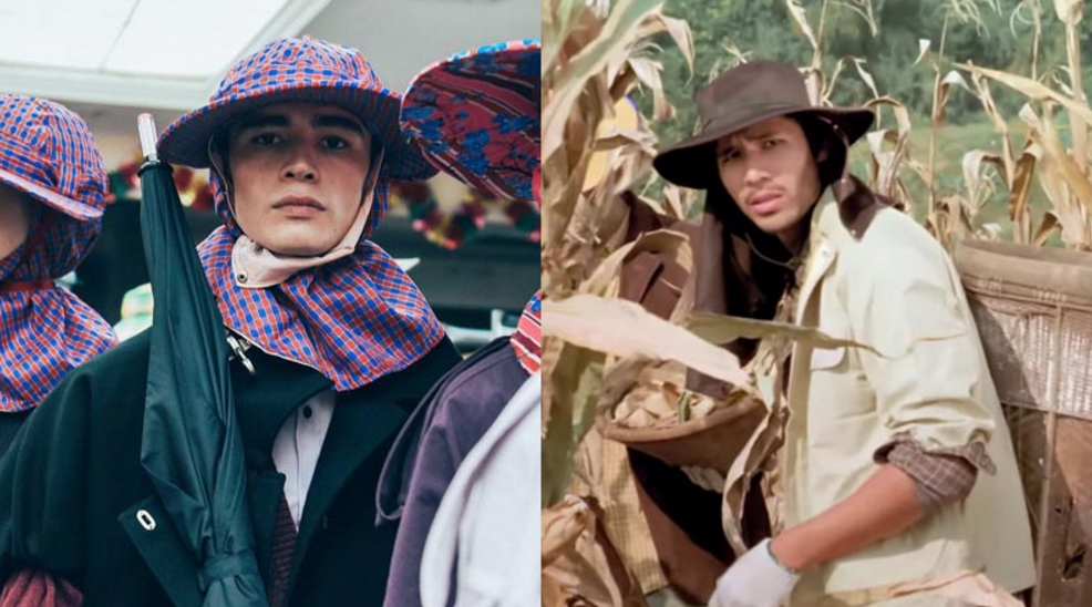 Raf Simons Spring/Summer 2018 collection (Left) versus the classic Thai sugarcane farmer’s uniform (Right). Photo: Tommon Ton/ Instagram, Netafim Thailand/ YouTube
