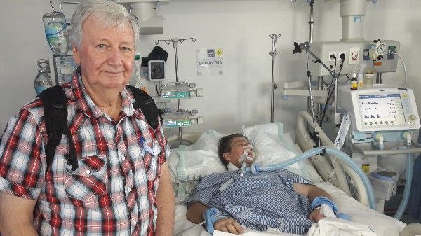 A photo posted to GoFundMe by desperate father Jeffrey Didmon and his son, Steven, who was in the ICU in Bali after a hernia operation went terribly wrong.