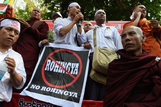 Ma Ba Tha members protest a US embassy statement related to the deaths of the Rohingya Muslim minority from an April 19, 2016, boat accident in Sittwe. Photo: AFP / ROMEO GACAD