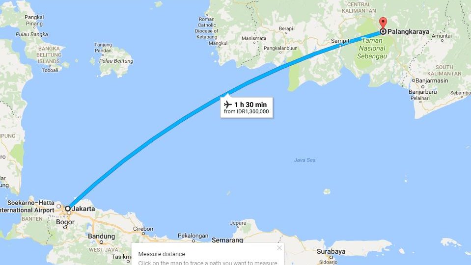 It’ll take a lot more than 90 minutes and Rp 1.3 million to move the capital from Jakarta to Palangkaraya. Image: Google Maps
