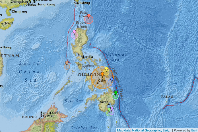 Screen grab via Earthquaketrack.com. The orange pin shows where the 6.5 earthquake of July 6 was centered.