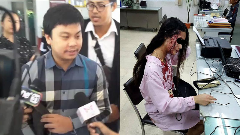 Chonlawit Hiranchatchawan (L)  reported to Sai Mai police today, one week after he allegedly attacked his girlfriend Yodwadee Junsupong (R). Photos: Thai News Agency/ Facebook