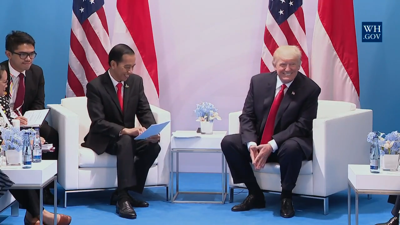 Indonesian President Joko Widodo and US President Donald Trump at the G20 summit in Hamburg on Saturday. Screenshot: Youtube