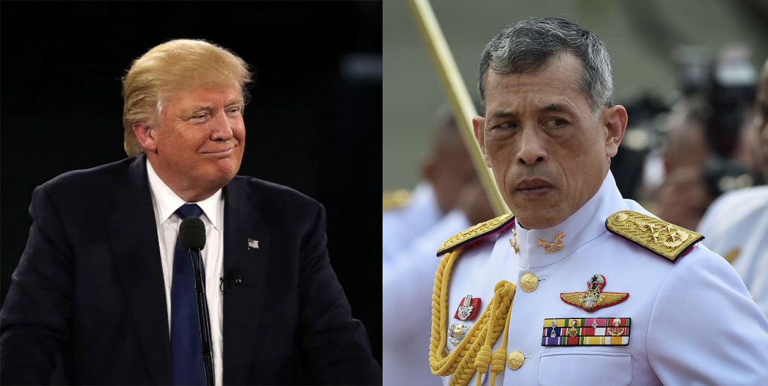 Thailand’s King Vajiralongkorn (right) is seen paying respects at the statue of King Rama I after signing the military-backed constitution in Bangkok on April 6, 2017. US President Donald Trump is on the left. PHOTO OF KING BY LILLIAN SUWANRUMPHA / AFP; DONALD TRUMP PHOTO VIA WIKIMEDIA COMMONS