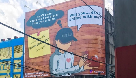 Coffee Date? Young CEO asks actress on coffee date through a billboard. Screengrab from Instagram