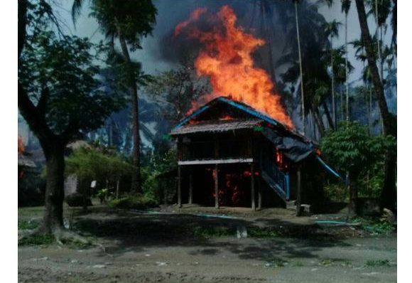 A burning home in Rakhine State on August 25, 2017. Photo: Facebook / Information Committee