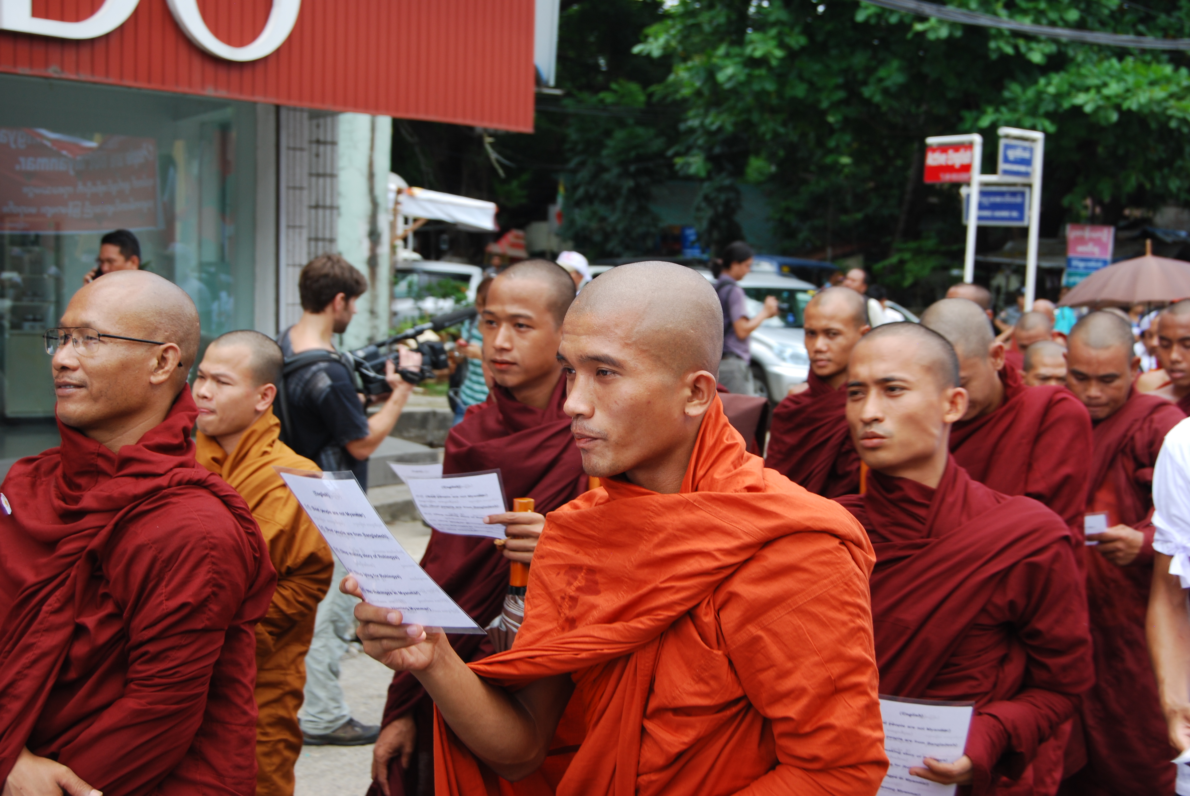 Buddhist monks protest UN refugee policies in Yangon in 2015. Photo: Jacob Goldberg