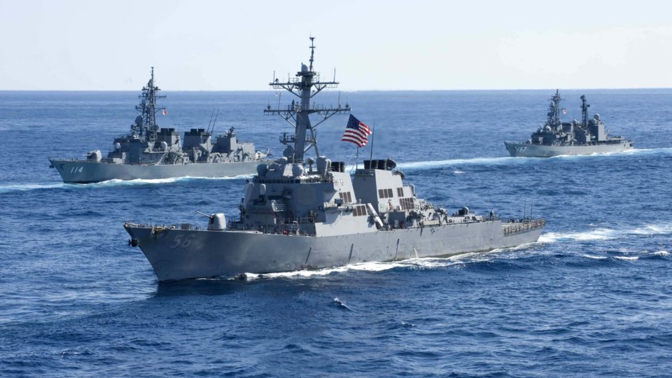 USS John S. McCain (DDG 56) joins a combined formation of twenty-six Japan Maritime Self-Defense Force (JMSDF) and U.S. ships from 7th Fleet form a formation for a photo exercise during the last day of Exercise Keen Sword 2011. (U.S. Navy photo by Mass Communication Specialist Seaman Cheng S. Yang/Released)