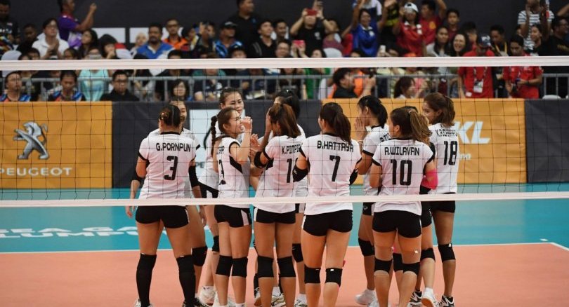Thailand’s team reacts after beating Indonesia to win the women’s volleyball final of the 29th Southeast Asian Games (SEA Games) in Kuala Lumpur on August 27, 2017. Photo: AFP