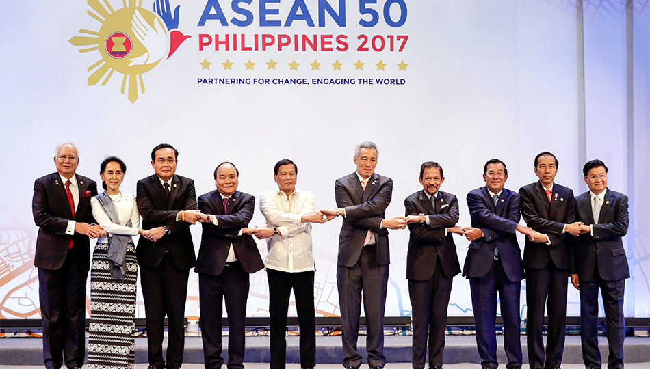 Association of Southeast Asian Nations (ASEAN) leaders link arms during the opening ceremony of the 30th ASEAN Summit in Manila, Philippines April 29, 2017. PHOTO: Mark Crisanto, Reuters/Pool (via ABS-CBN News)