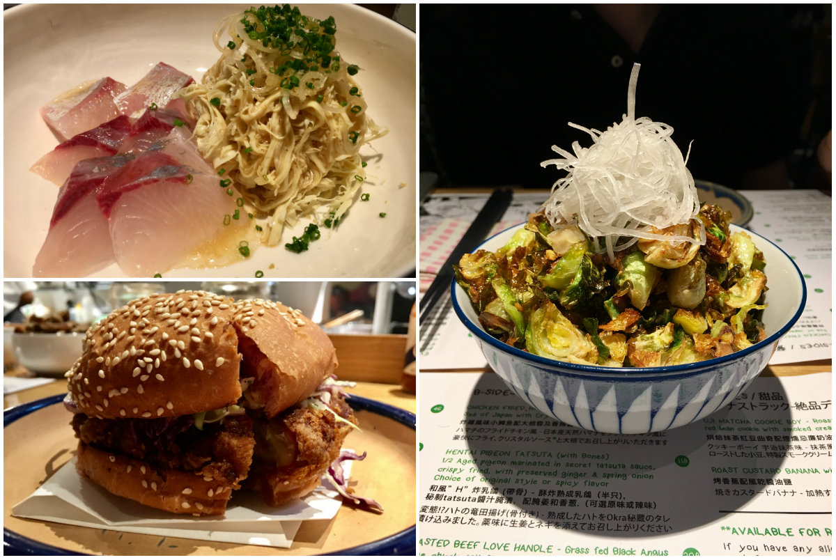 (Clockwise from top left) Yazu Yellowtail Sashimi, Crispy Brussels Sprouts, and El Pollo Loco Chicken Samich.