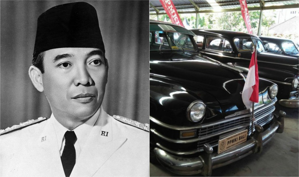 Left: President Soekarno (Wikimedia Commons). Right: His class cars (Instagram/Berita Bali).