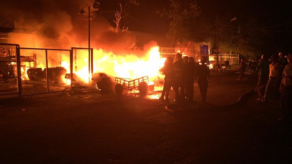 A fire caused by the collision of a cargo truck into a fuel tanker in South Dagon Township last night. Photo: Myanmar Fire Services Dapertment