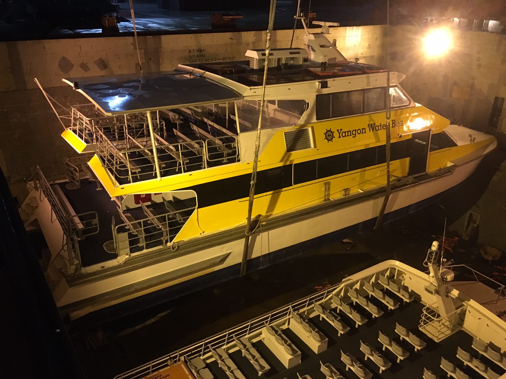 One of the Yangon Water Bus boats is unloaded in Yangon. Photo: Facebook / Yangon Water Bus