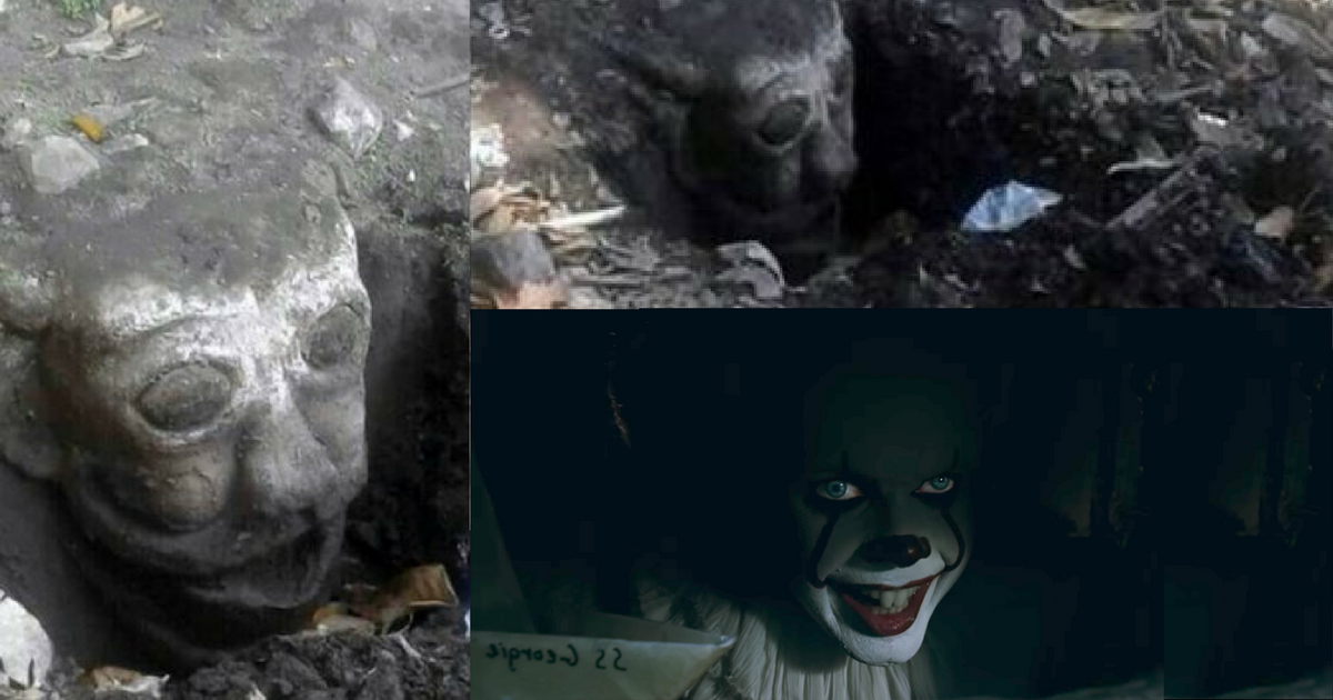 Photos of a recently unearthed statue head in Central Java juxtaposed with a photo of Pennywise the Clown from IT.